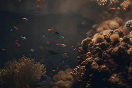 Vibrant coral reef teeming with colorful fish.  Dark, moody underwater scene.の写真素材