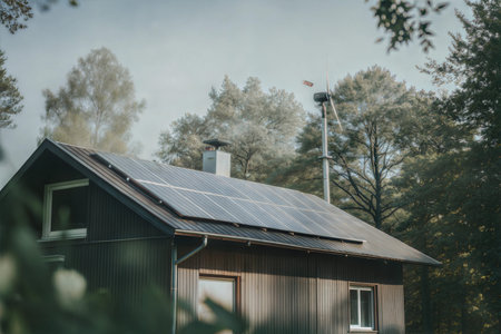 A sustainable cabin with solar panels and a small wind turbine, nestled among lush trees.の写真素材