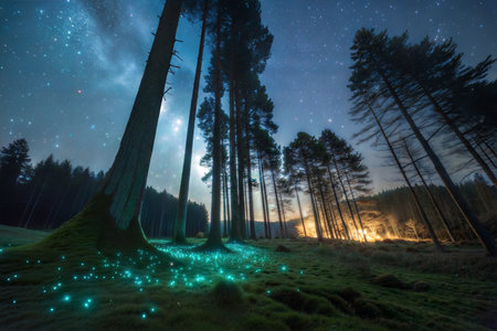 Magical night scene in a forest with fireflies and the Milky Way visible in the night sky.の写真素材