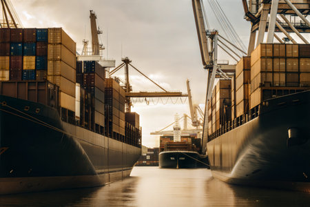 Two large container ships docked at a port during sunset, with cranes in the background.