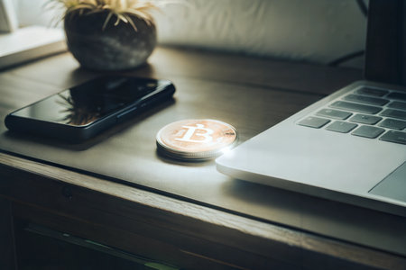 A bitcoin coin sits on a wooden desk next to a laptop and smartphone.の写真素材
