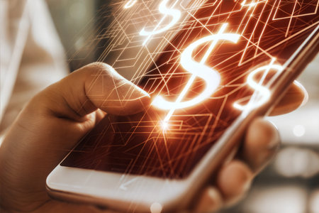 Person using a smartphone with dollar signs and glowing network connection graphic.  Represents mobile banking, finance, and digital currency.の写真素材