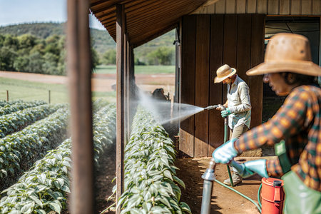 Two farmers use a hose to water rows of pepper plants growing in a field.の写真素材