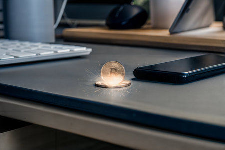 A golden Bitcoin coin rests on a desk near a keyboard and smartphone, glowing with light streaks.の写真素材