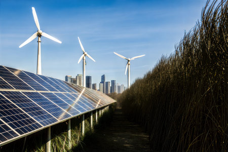 Alternative energy sources in a city landscape.  Solar panels and wind turbines are shown near a...