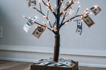 A decorative tree with dollar bills hanging from its branches and lights.