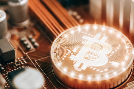 Close-up of a glowing Bitcoin on a computer circuit board, illustrating cryptocurrency's technological foundation.の写真素材