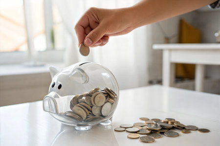 Close-up of a hand dropping a coin into a transparent piggy bank, filled with other coins.の写真素材