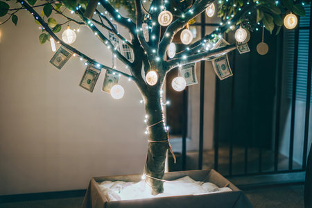 A decorated tree with dollar bills, Bitcoin, and Christmas lights. Representing financial growth and holidays.の写真素材