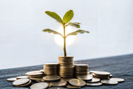 A small plant sprouts from a stack of coins, symbolizing growth and financial prosperity.  The image is well-lit, with a soft background.の写真素材