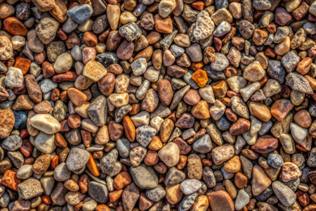 Close-up view of various colorful pebbles, showcasing their texture and variations in shape and color.の写真素材