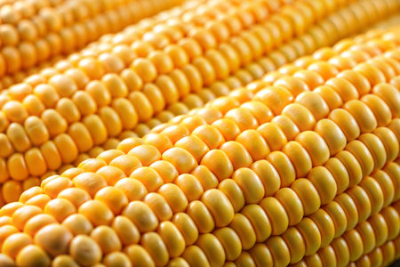 Detailed view of fresh, yellow corn kernels on the cob, showing texture and color.  Perfect for...