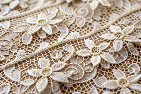 Detailed view of delicate beige crochet lace with floral patterns.  The texture and intricate details are highlighted.の写真素材
