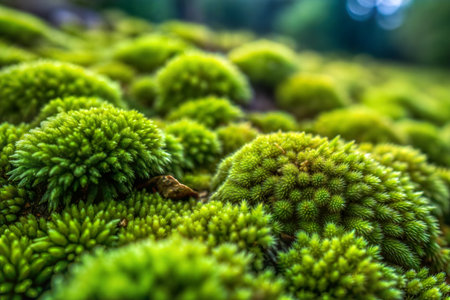 Detailed view of lush green moss, showcasing its texture and vibrant color. Ideal for nature, botany, or environmental themes.の写真素材