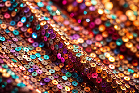 Close-up shot of colorful sequins on fabric, creating a sparkling and textured surface.の写真素材