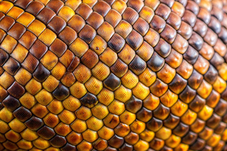 Close-up shot of reptile scales, showcasing intricate details and color variations of yellow and brown tones.の写真素材