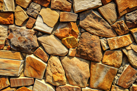 Close-up of a wall made of various sizes and shades of brown and tan stones.  Irregular shapes...