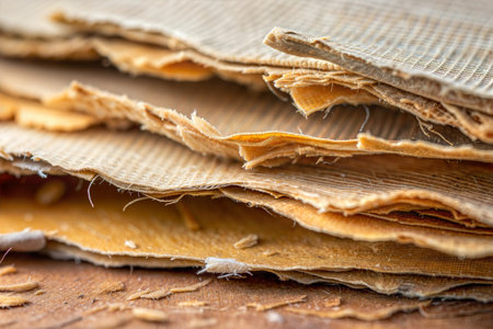 A detailed macro shot of thin, layered wood veneer sheets, showing texture and color variations. The...