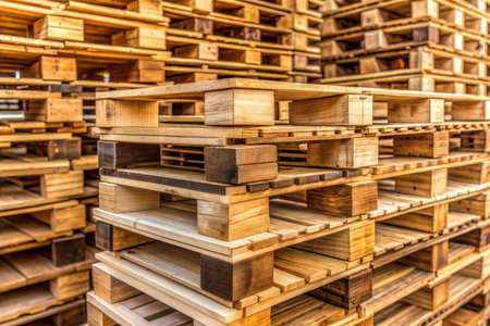 A close-up shot of numerous wooden pallets stacked high, showcasing their texture and structure. ...