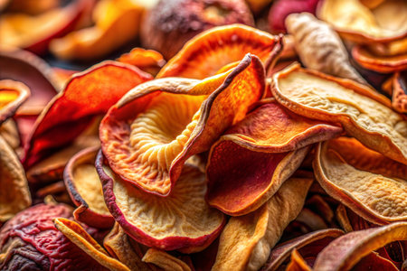 A detailed closeup of a pile of dried fruit chips, showcasing their texture and color variations.の写真素材