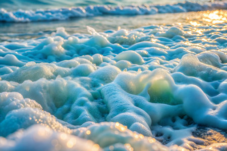 Close-up view of ocean waves foam with sunlight reflecting on the surface.の写真素材