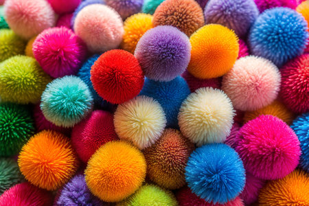 Close-up of many colorful fluffy balls arranged together.  The texture and vibrant colors are prominent.の写真素材