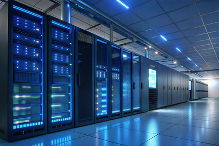 Row of servers in a modern data center. Blue lighting illuminates the equipment.