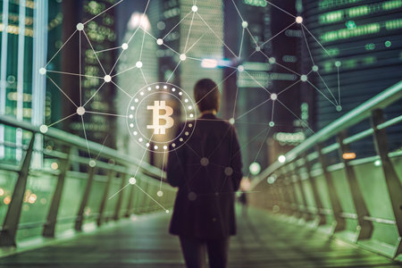 A person walks through a city at night, with a Bitcoin symbol and network overlay.