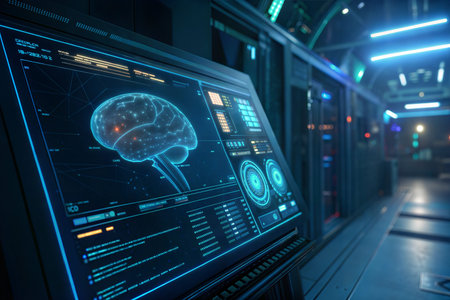 Close-up of a futuristic interface displaying a 3D brain scan in a high-tech server room.