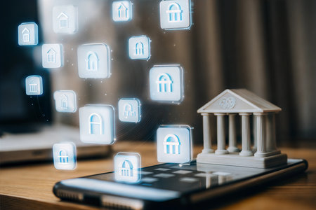 A model of a bank building sits on a smartphone screen with glowing app icons, representing digital banking and financial technology.の写真素材