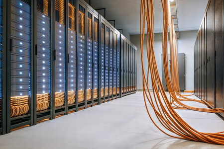 A modern server room with rows of servers and many orange cables on the floor. The image shows...