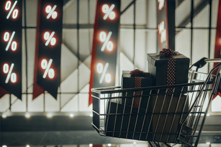 A shopping cart filled with gifts sits in front of sale signs, symbolizing discounts and holiday shopping.の写真素材