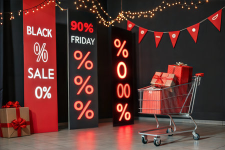 A shopping cart filled with gifts sits in front of Black Friday sale signs. Red and black theme with...