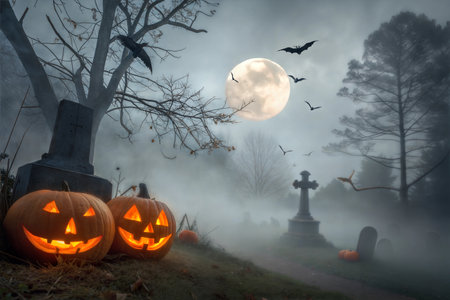Jack-o'-lanterns glow in a foggy graveyard under a full moon, bats fly overhead. Spooky Halloween scene.の写真素材