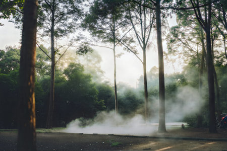 Sunlight streams through tall trees in a foggy park, creating an ethereal atmosphere. A calm and...