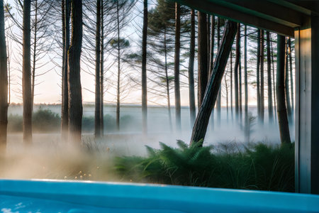 Relaxing view from a hot tub, surrounded by tall trees and mist at sunrise. Serene and peaceful atmosphere.の写真素材