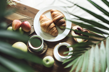 A delicious breakfast scene featuring croissants, apples, and coffee, set on a rustic wooden table.の写真素材