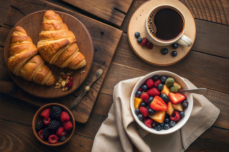 Top view of a rustic breakfast table with croissants, fruit salad, berries, and coffee.の写真素材