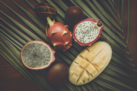 A vibrant flatlay featuring dragon fruit, mango, and exotic brown fruits arranged on a lush palm leaf.の写真素材