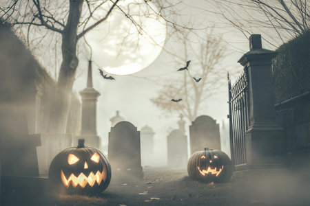 Spooky Halloween scene with glowing jack-o'-lanterns in a misty graveyard under a full moon. Bats fly overhead.の写真素材