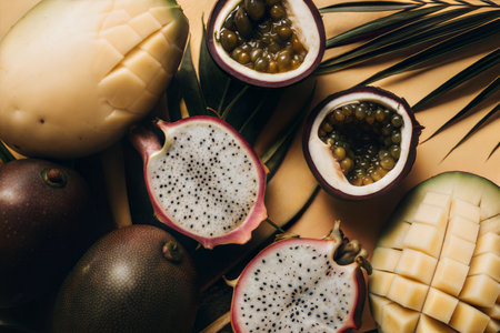 A flatlay showcasing vibrant exotic fruits like dragon fruit, mango, and passion fruit, styled with palm leaves.の写真素材