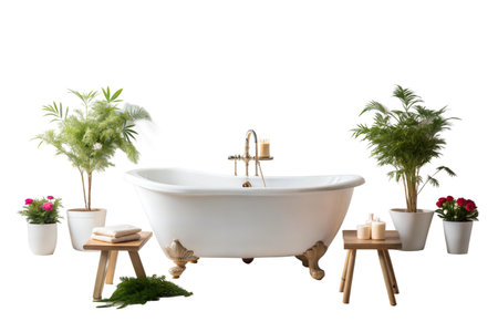 Elegant white bathtub with gold fixtures, surrounded by plants and candles, creating a serene spa-like atmosphere.の写真素材