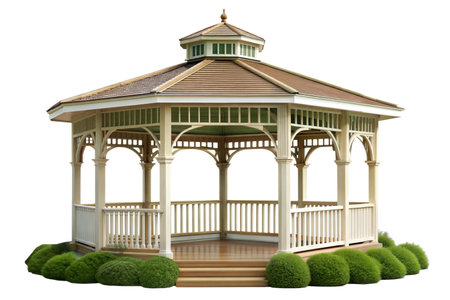 A classic hexagonal gazebo with a wooden structure, brown roof and surrounded by green bushes. Isolated on black background.の写真素材