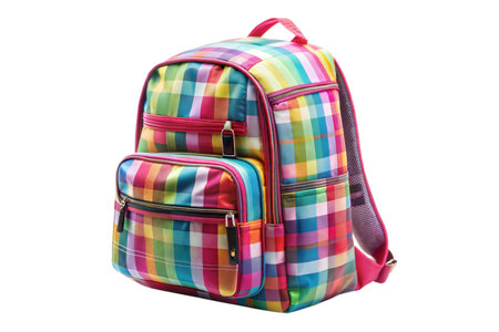A vibrant backpack with a multicolored plaid pattern. Ideal for students or travel.の写真素材