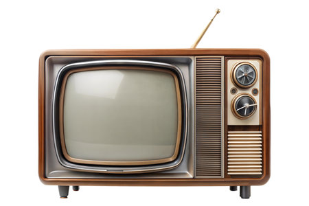 A classic wooden television with a retro design, isolated on a black background.  Perfect for vintage, nostalgic themes.の写真素材