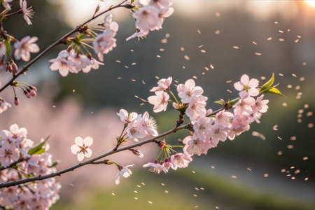 Pink cherry blossoms on a branch with petals falling in the golden sunlight. Springtime floral...