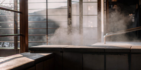 Relaxing hot spring bath with steam rising, viewed through a window. Tranquil and serene atmosphere.