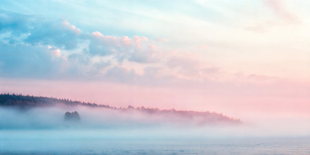 Pink and blue pastel colored sky over a foggy lake and forest at sunrise.の写真素材