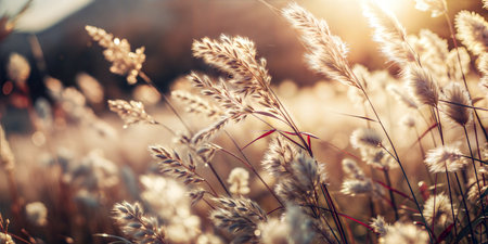 Soft sunlight illuminates a field of delicate grasses, creating a warm and tranquil scene.の写真素材