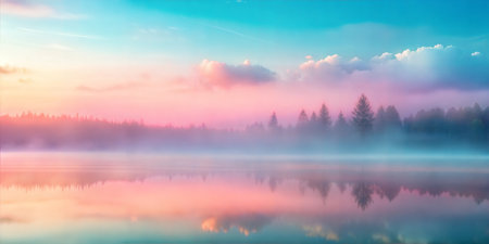 Pink and blue sunrise over a misty lake with silhouetted trees reflecting in the water. Serene and peaceful atmosphere.の写真素材